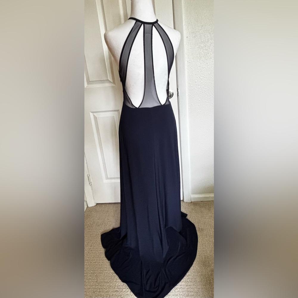Night Way Collections Deep Blue Formal Gown with Mesh Bodice Detail and Slit - Picture 3 of 8